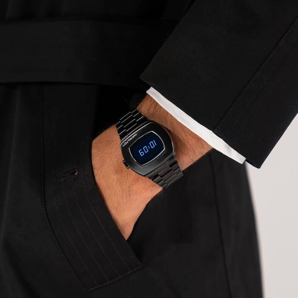 Hamilton American Classic PSR Digital Quartz 41mm Blue Dial PVD Black Steel Bracelet Watch image number 6