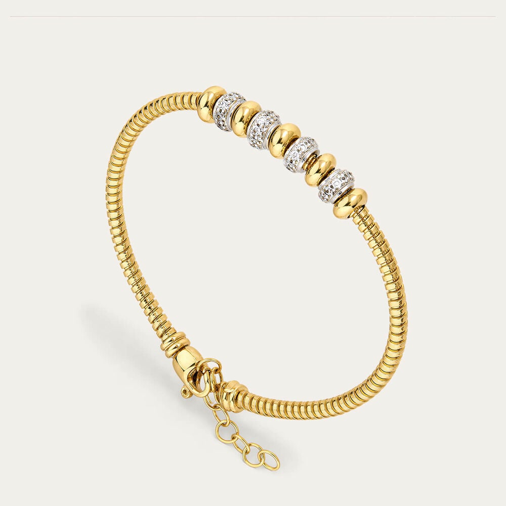 Yellow Gold Plated Sterling Silver Bead Cubic Zirconia Centre Ribbed Bracelet