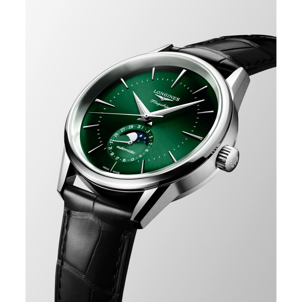 Longines Flagship Heritage 38.5mm Green Dial Black Leather Watch image number 1