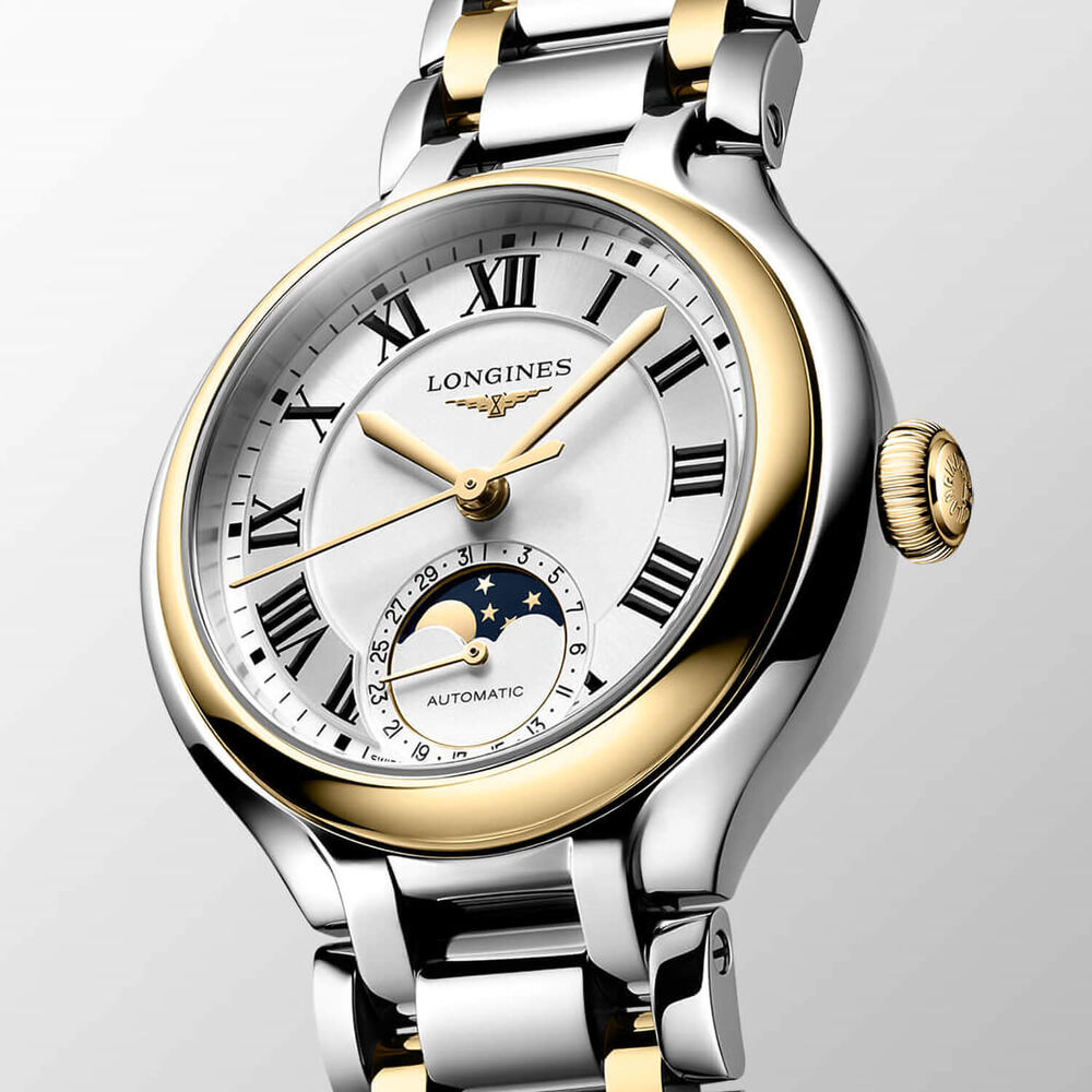 Longines Elegance Primaluna 34mm Moonphase Silver Dial Yellow Gold Bezel Steel Bracelet Watch image number 3