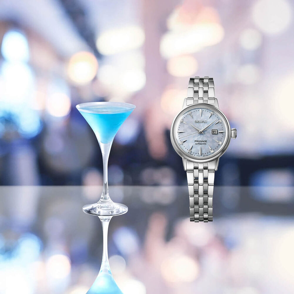 Seiko Presage Cocktail Time Automatic Skydiving Diamonds Blue Dial Silver Steel Strap Watch for Women - SRE007J1