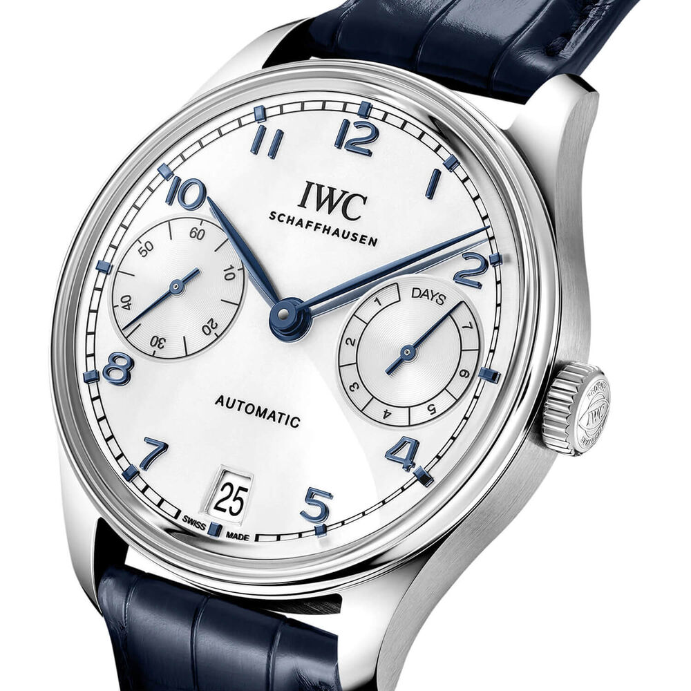 IWC Schaffhausen Portugieser Automatic 42 Silver Moon Dial Blue Alligator Leather Strap Watch image number 1
