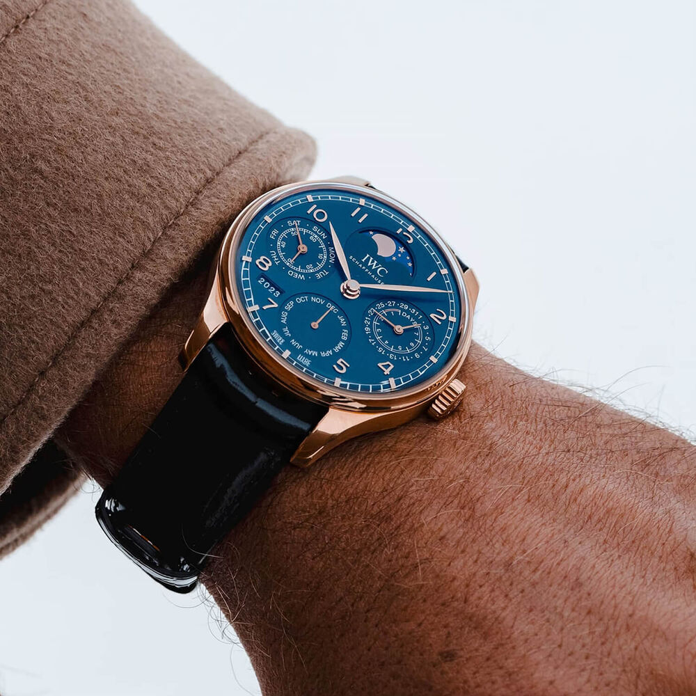 IWC Schaffhausen Portugieser Perpetual Calendar 44mm Blue Dial Leather Strap Watch image number 5