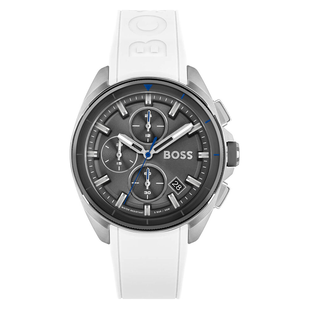 BOSS Volane Chronograph 44mm Quartz Grey Dial Steel Case White Rubber Strap Watch