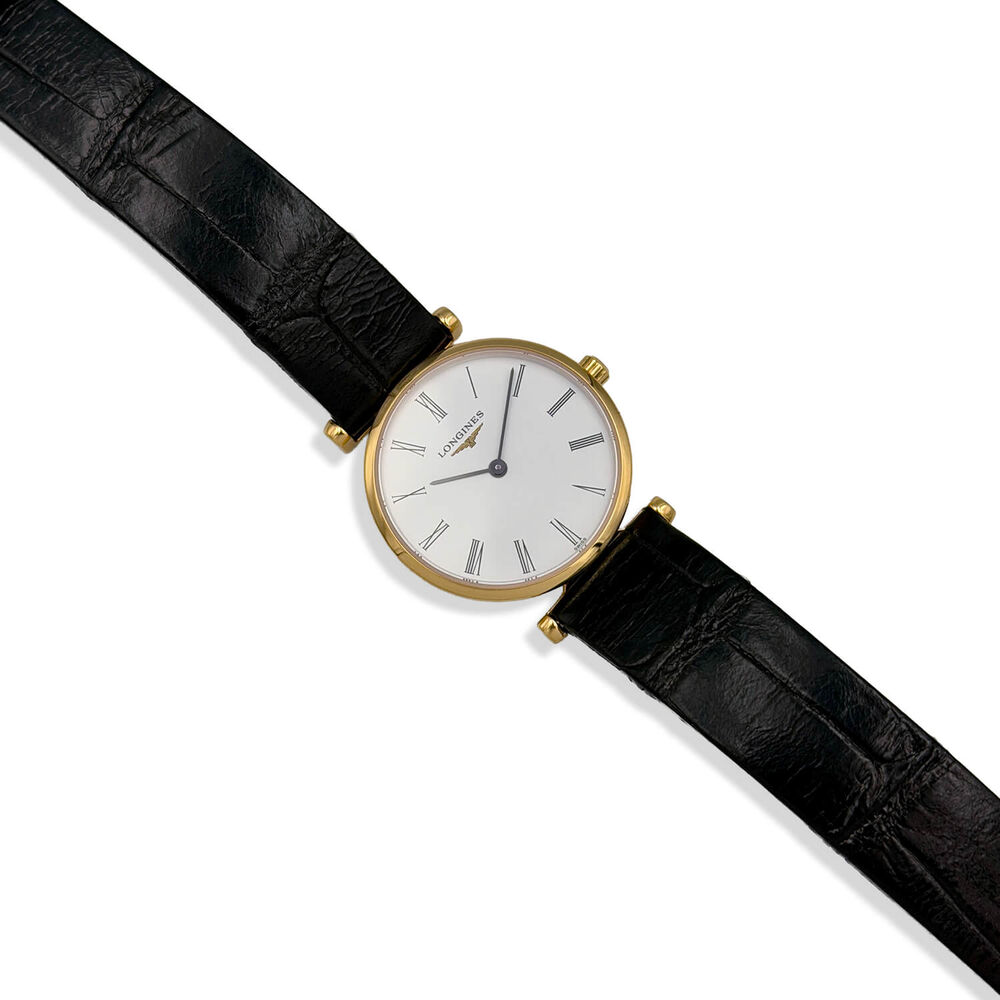 Pre-Owned Longines La Grande Classique 24mm White Dial Gold PVD Case Black Leather Strap Watch