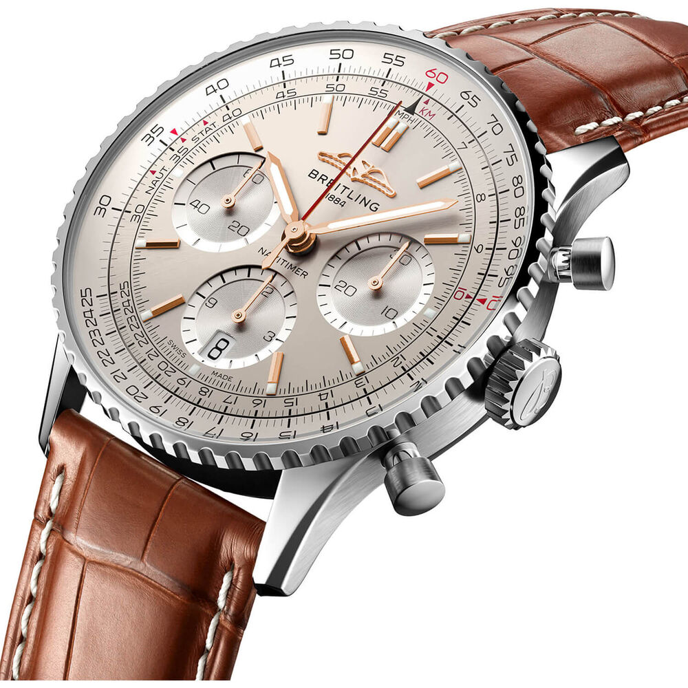 Breitling Navitimer B01 Chronograph 41 Silver Dial Brown Strap Watch