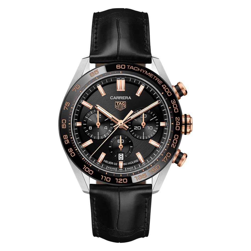 TAG Heuer Carrera 44mm Black Chrono Yellow Gold Detal Steel Case Watch image number 0