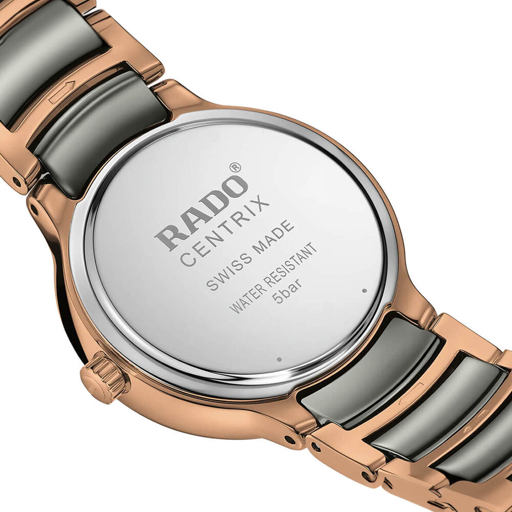 Rado Centrix 28mm White Dial Rose Ceramic Case Rose & Grey Bracelet Watch image number 3