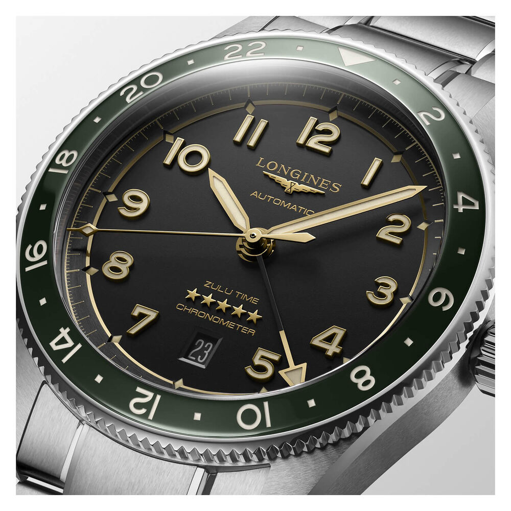 Longines Avigation Spirit Zulu 42mm Automatic Black Dial Green Bezel Steel Case Bracelet Watch image number 4