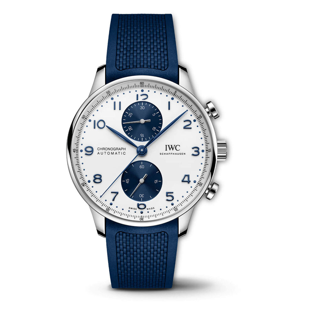 IWC Schaffhausen Portugieser Chronograph White Dial Blue Strap Watch