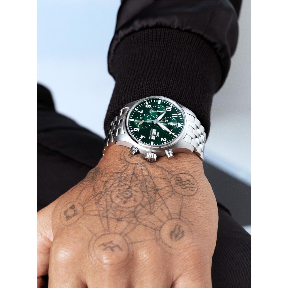 IWC Schaffhausen Pilot's Chronograph 41 Green Dial Steel Case Bracelet Watch image number 10