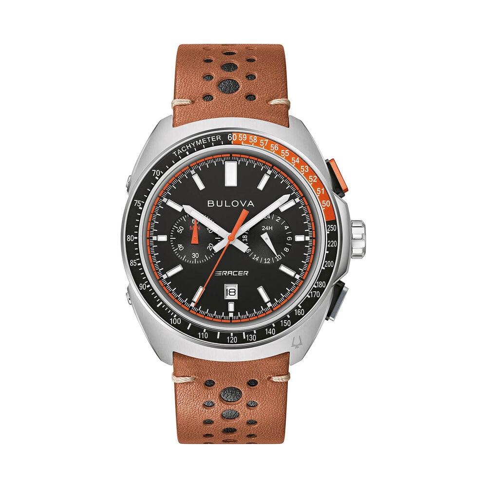 Bulova Racer Chronograph 42mm Black Dial Brown Leather Strap Watch image number 0