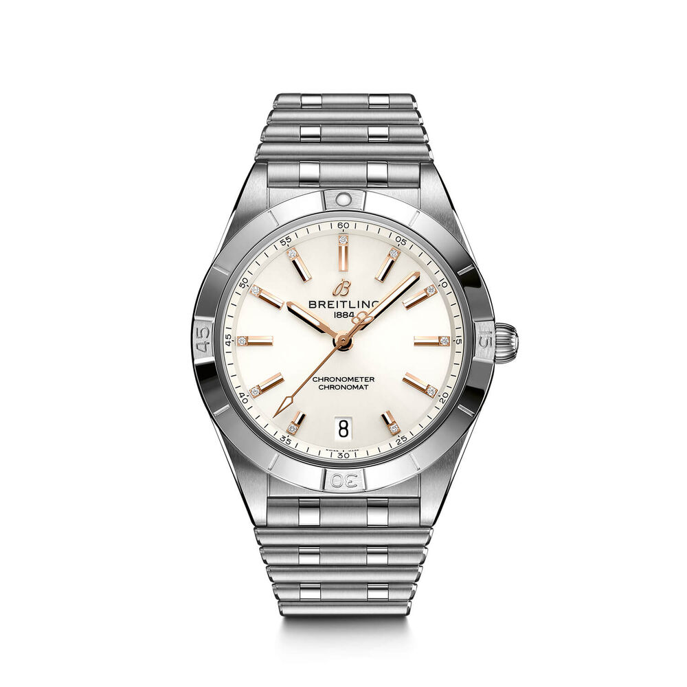 Pre-Owned Breitling Chronomat 36mm White Rose Gold Diamond Steel Case Watch