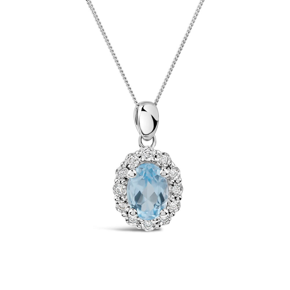 9ct White Gold Oval Blue Topaz 0.05ct Diamond Cluster Pendant