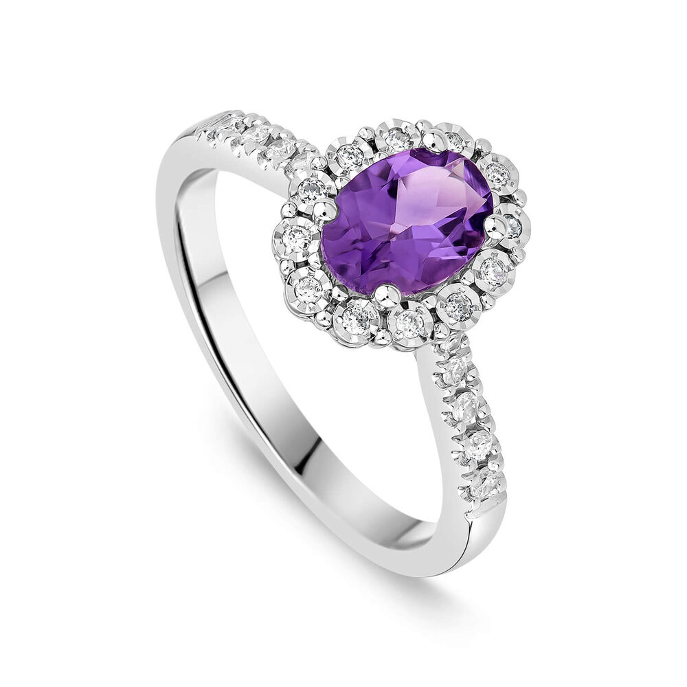 9ct White Gold Oval Amethyst 0.013ct Cluster Diamond Shoulders Ring image number 0
