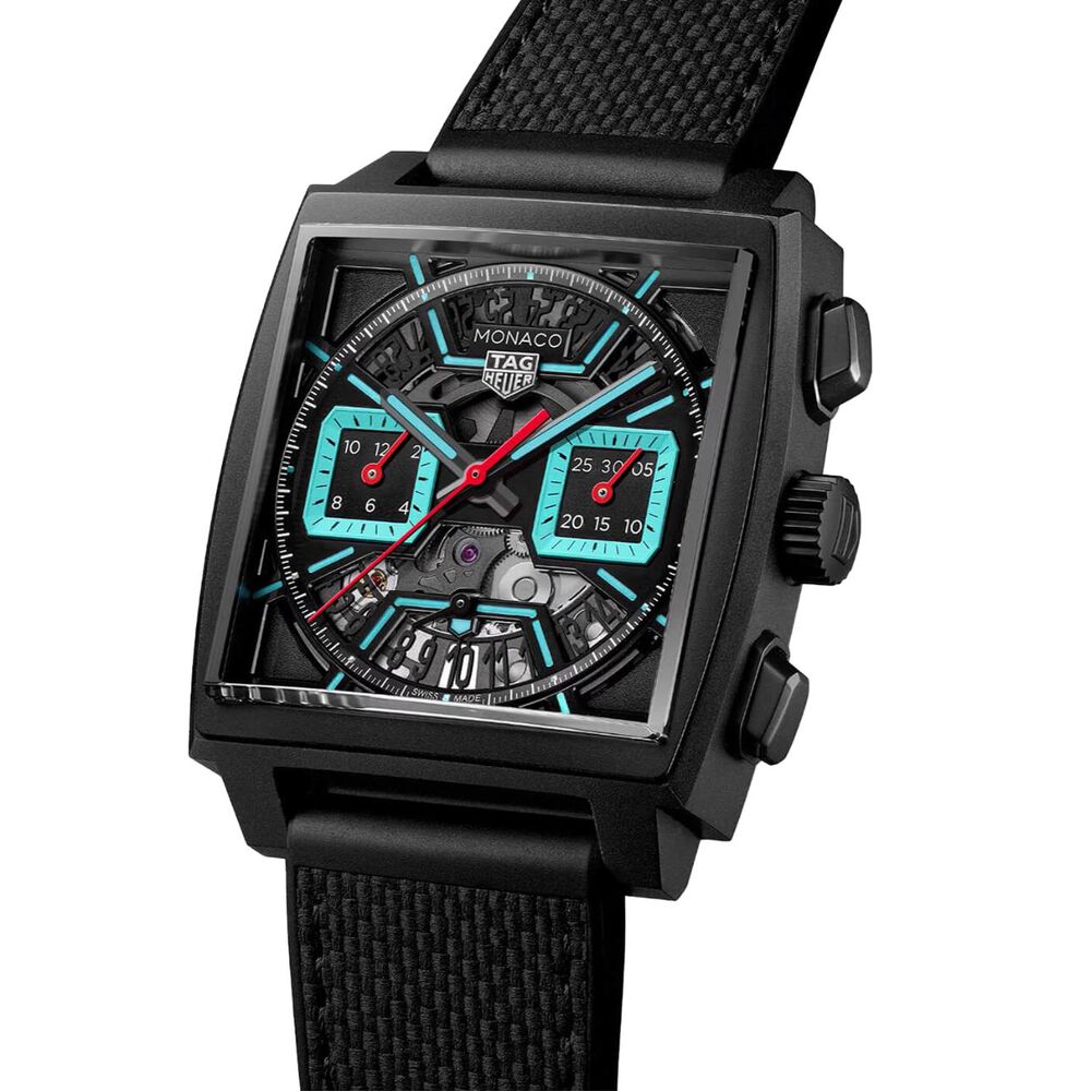 TAG Heuer Monaco Chronograph 39mm Black Skeleton Dial Turqoise Accents Rubber Strap Watch image number 2
