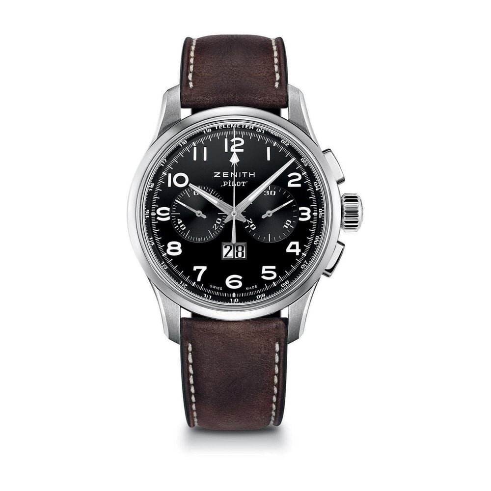 Pre-Owned Zenith El Primero Pilot Chronograph 42mm Black Dial Brown Leather Strap Watch image number 0