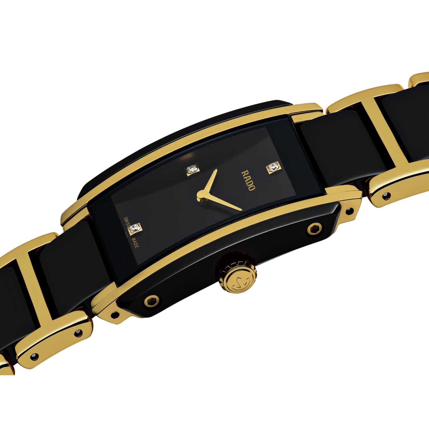 Rado Integral Rectangle Diamond Dot Black Yellow Gold Bracelet Watch