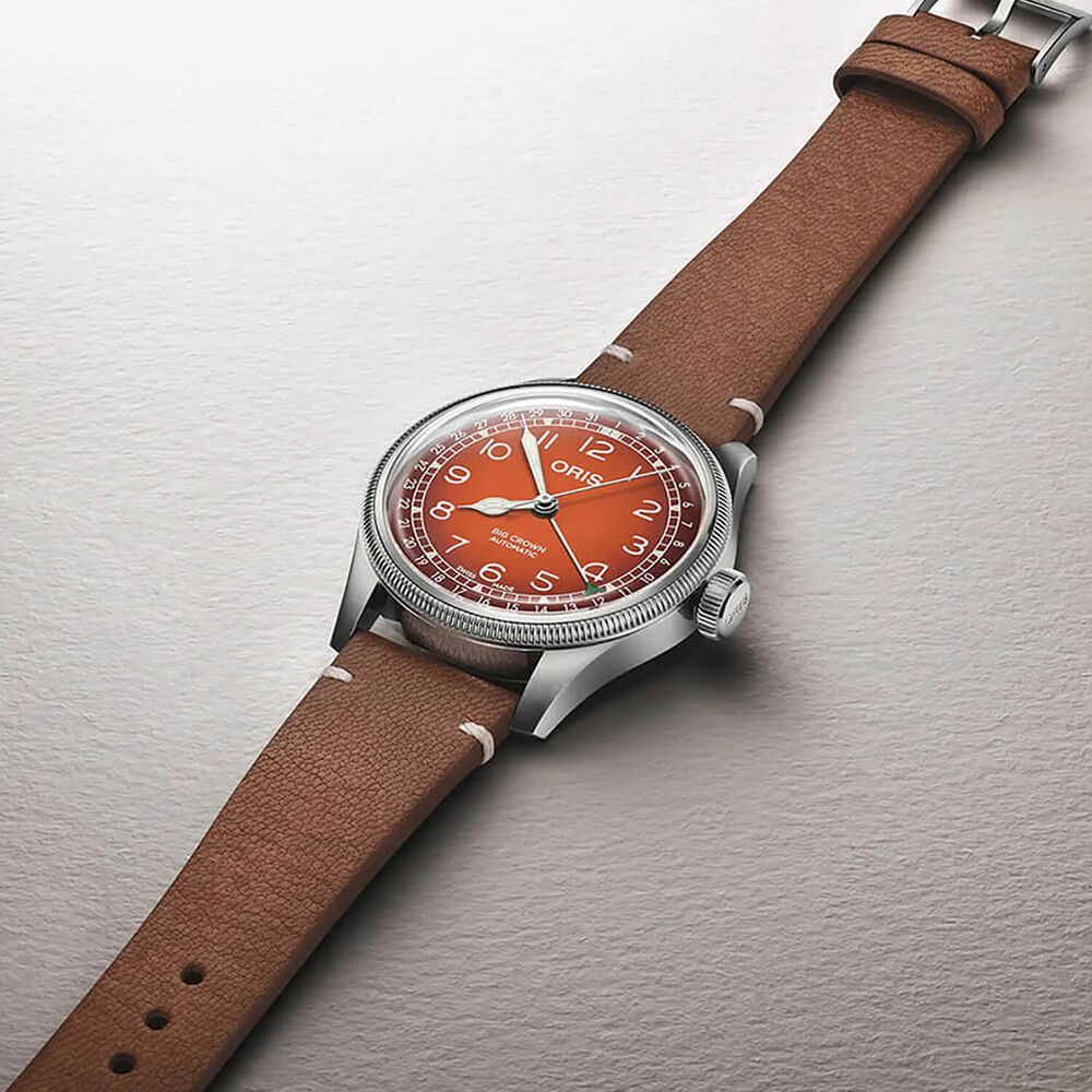 Oris x Cervo Volante Big Crown 40mm Orange Dial Brown Leather Strap Watch