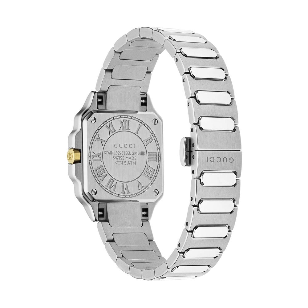 Gucci G-Flat 24mm Silver Dial Diamond Dots Gold Details Steel Bracelet Watch