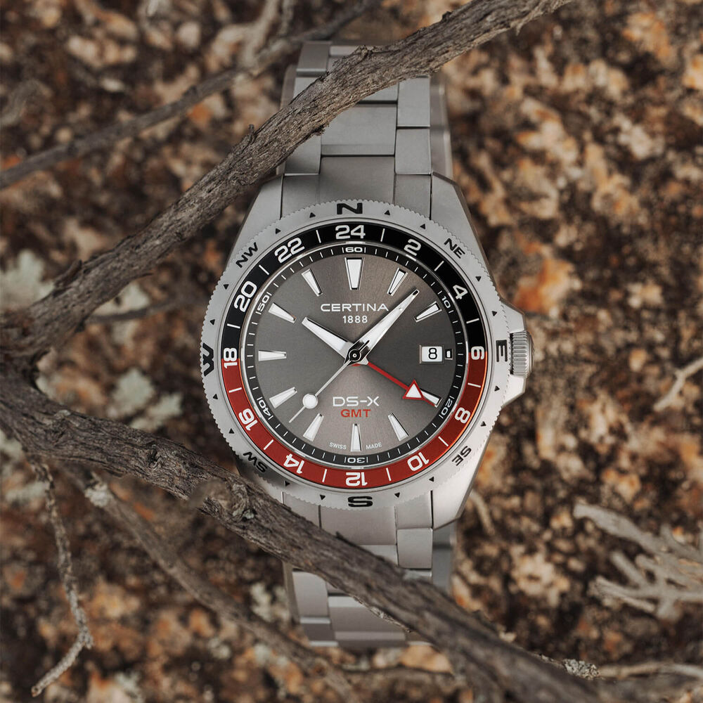 Certina DS-X GMT 41mm Grey Dial Grey & Red Bezel Stainless Steel Bracelet Watch image number 5
