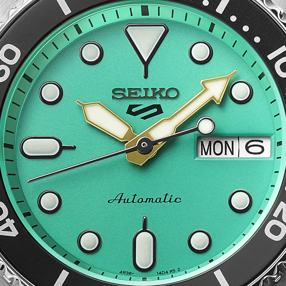 Seiko 5 Sport SKX ""Midi"" Teal 38mm Turquoise Dial Steel Bracelet Watch