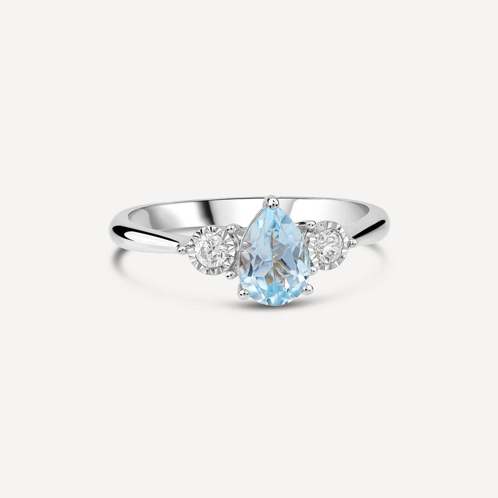 9ct White Gold Pear Blue Topaz 0.12ct Diamond Sides Ring image number 2