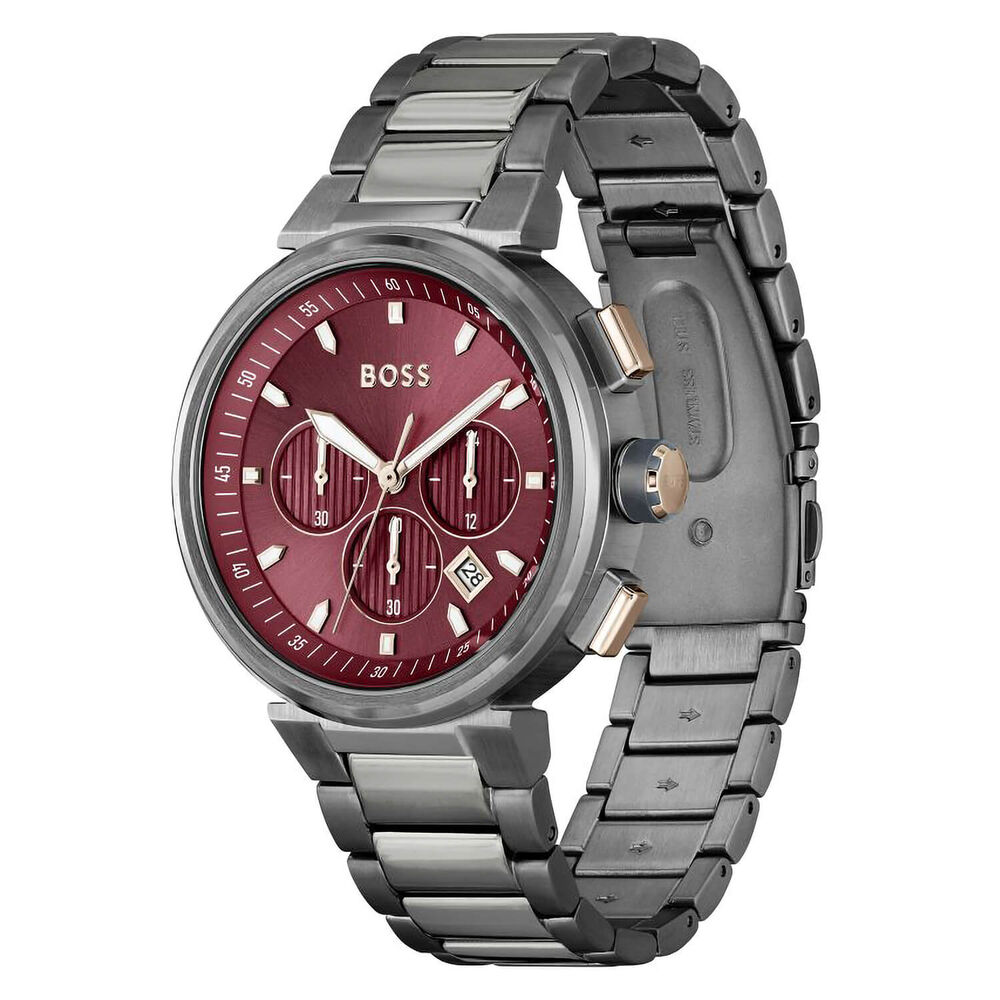 BOSS One 44mm Burgundy Dial Grey PVD Case & Bracelet Chronograph Watch image number 2