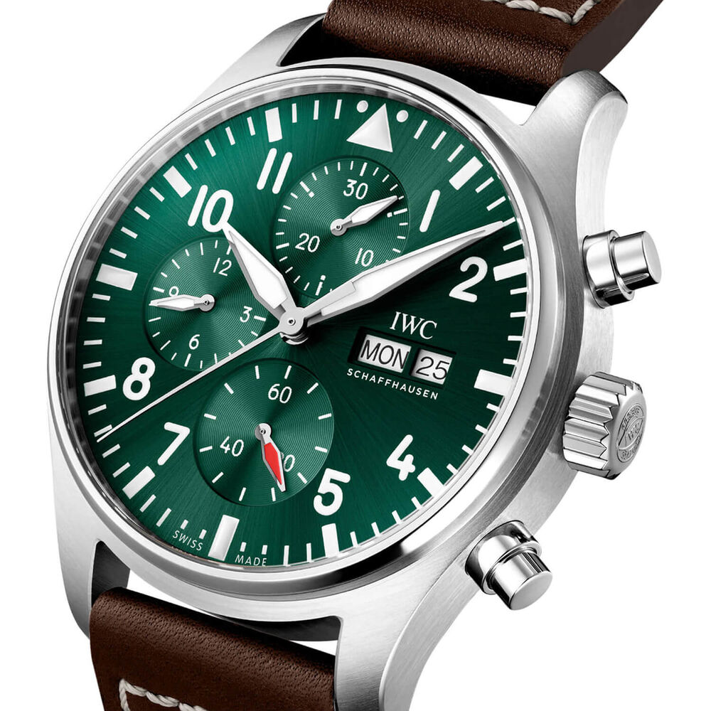 IWC Schaffhausen Pilot's Chronograph 43mm Green Dial Steel Case Brown Leather Strap image number 2