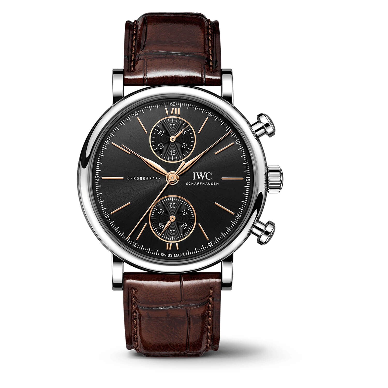 IWC Schaffhausen Portofino Chronograph 39 Black Dial Brown Strap