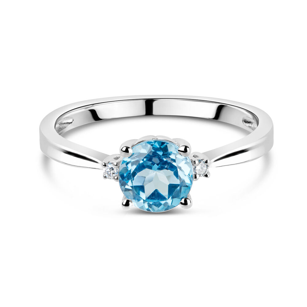 9ct White Gold Diamond and Blue Topaz Round Ring
