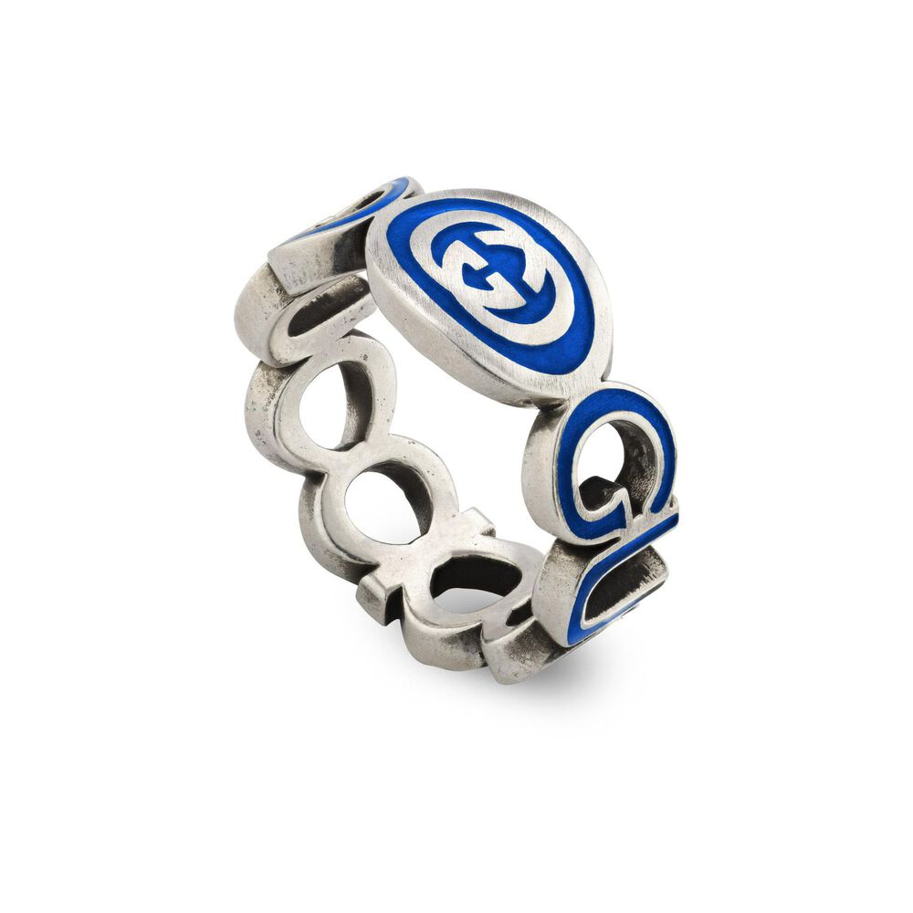 Gucci Interlocking Blue Logo Sterling Silver Band Ring (UK Size T - U) image number 0