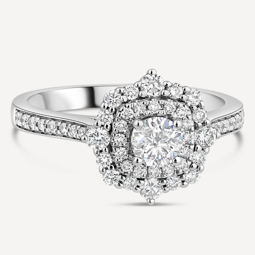 18ct White Gold Double Halo Cluster Stone Set Shoulders 0.75ct Diamond Ring image number 2