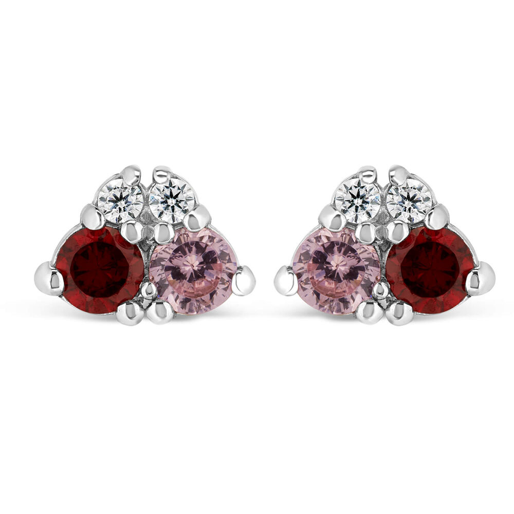 9ct White Gold Four Stone Pink & Red Cubic Zirconia Stud Earrings