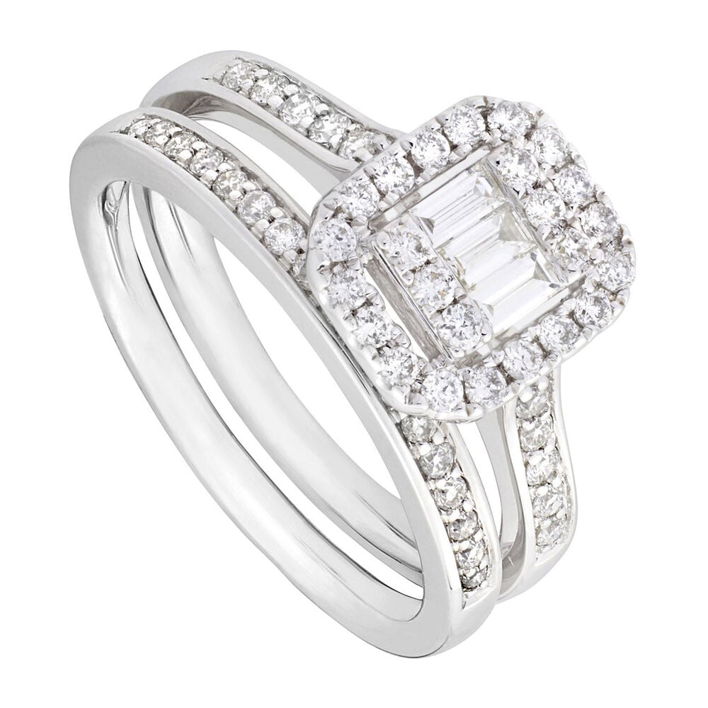 9ct white gold 0.63 carat diamond halo cluster bridal set image number 0