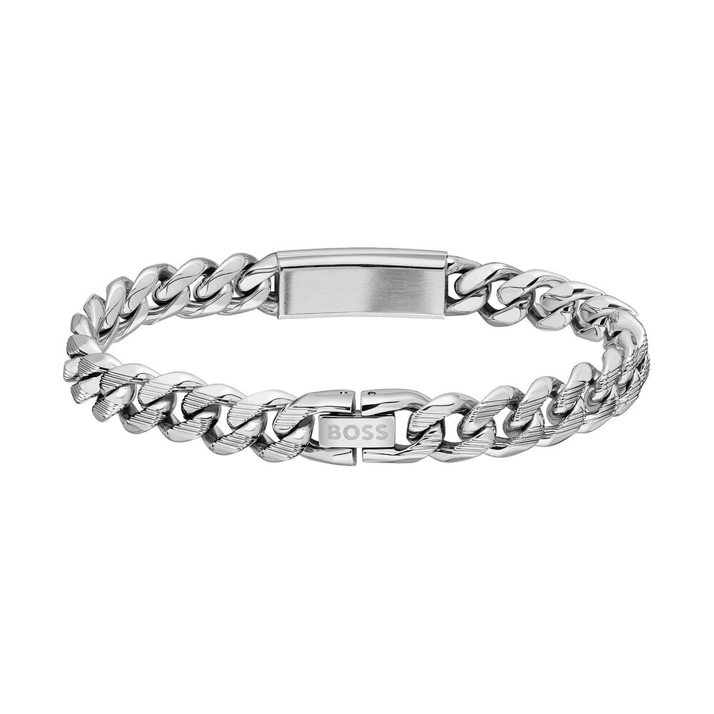 BOSS Kassy Silver Tone Steel Logo Plate Chain Bracelet