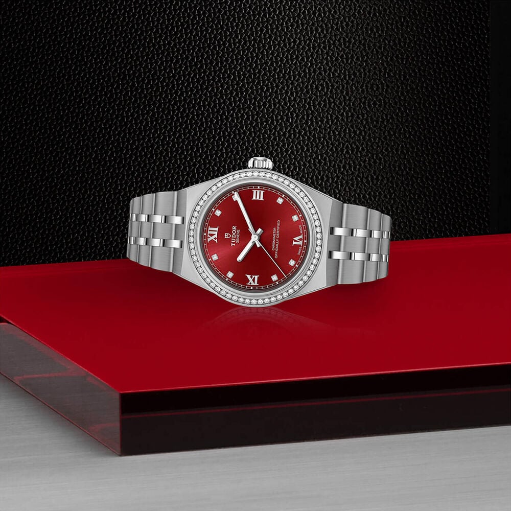 TUDOR Royal 30mm Burgundy Dial Diamond Bezel Steel Bracelet Watch