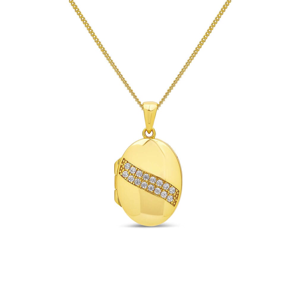 Yellow Gold Plated Sterling Silver Cubic Zirconia Double Row Centre Oval Locket Pendant