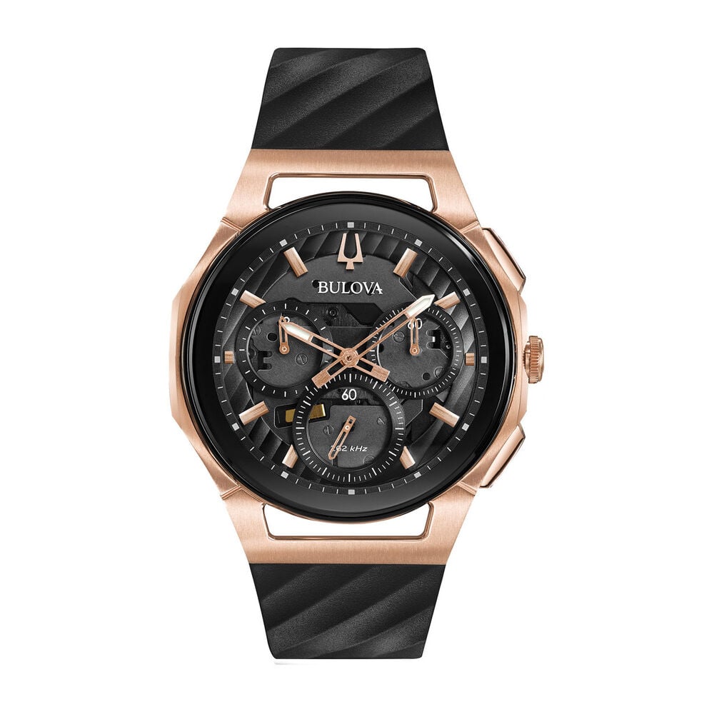 Bulova Curv Quartz Rose Gold PVD and Black Rubber Strap Men's Watch image number 0