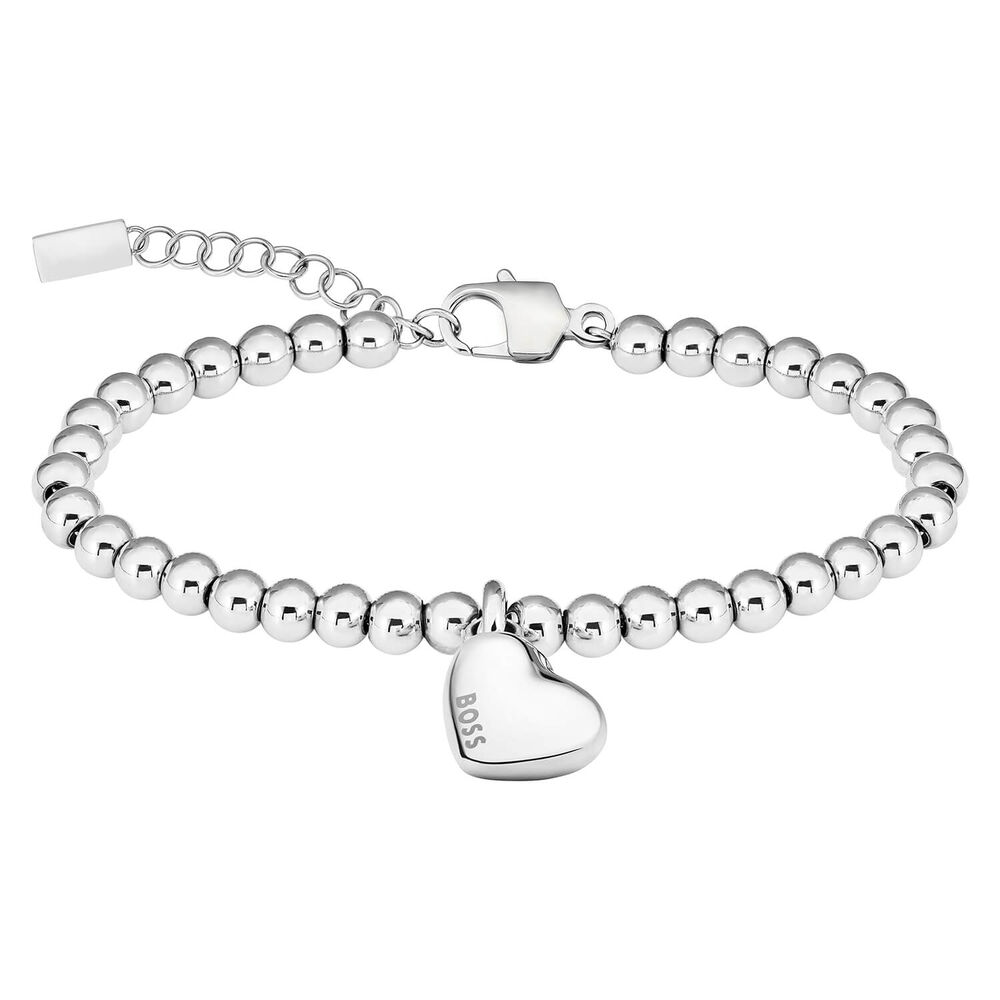 BOSS Stainless Steel Heart Pendant Beaded Bracelet