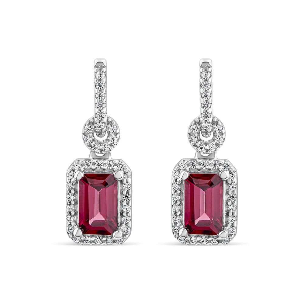 9ct White Gold Rectangular Rhodolite Garnet & 0.10ct Diamond Halo Drop Earrings image number 0