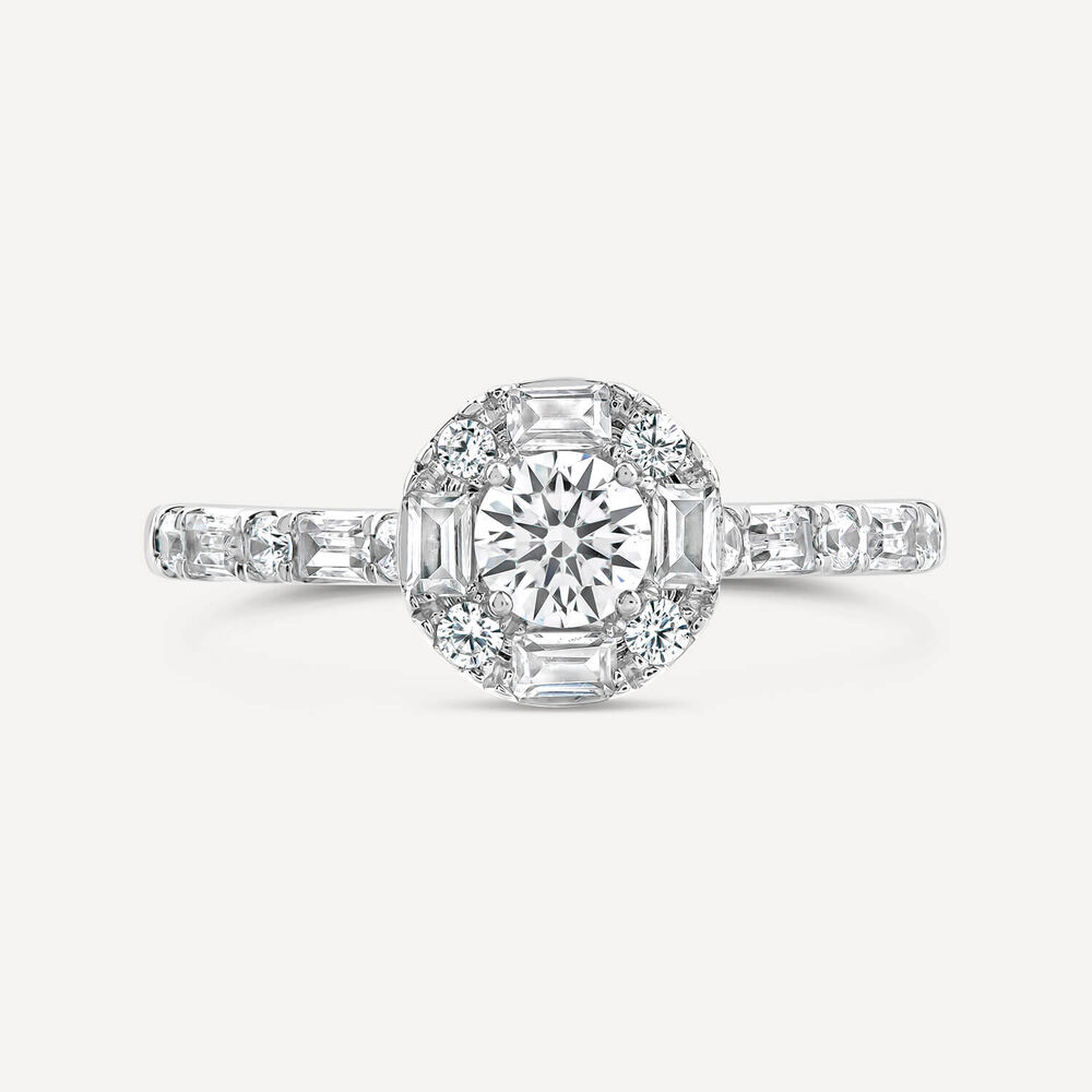 Platinum 0.75ct Diamond Round Centre Baguette Halo & Shoulders Ring image number 1