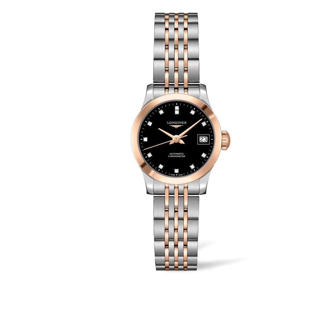 Pre-Owned Longines Record 26mm Black Diamond Dots Steel Bracelet Watch