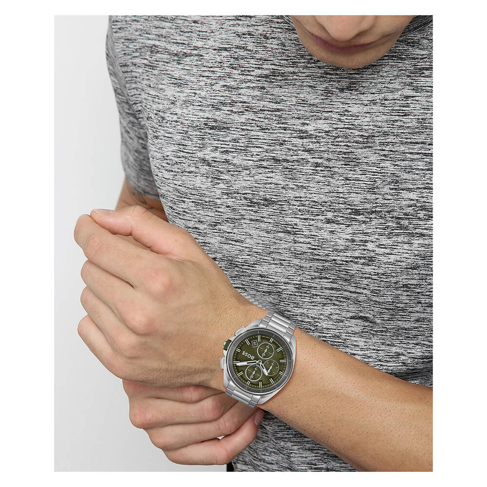 BOSS Volane Chronograph 44mm Quartz Green Dial Steel Case Bracelet Watch image number 2