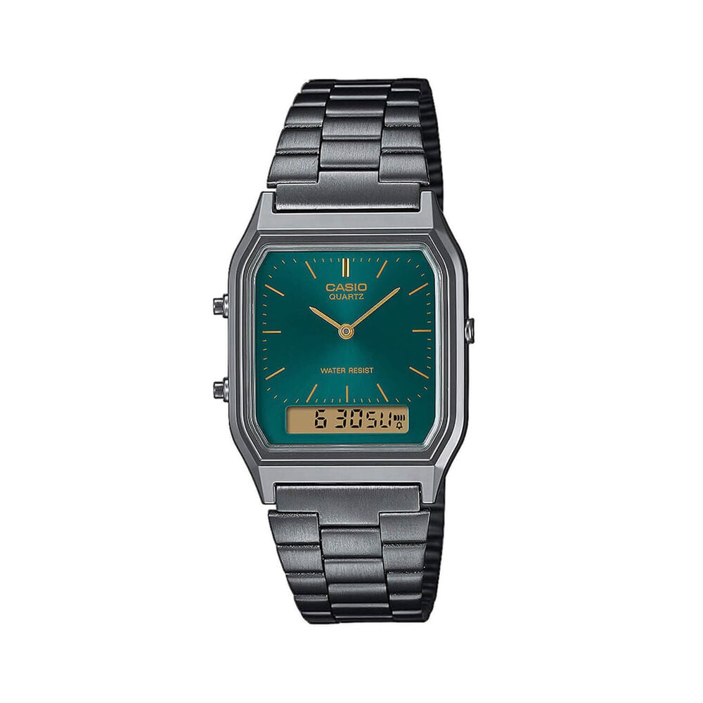Casio Vintage Vintage 38.8x29.8mm Green Dial Dual Display Grey Stainless Steel Bracelet Watch image number 0