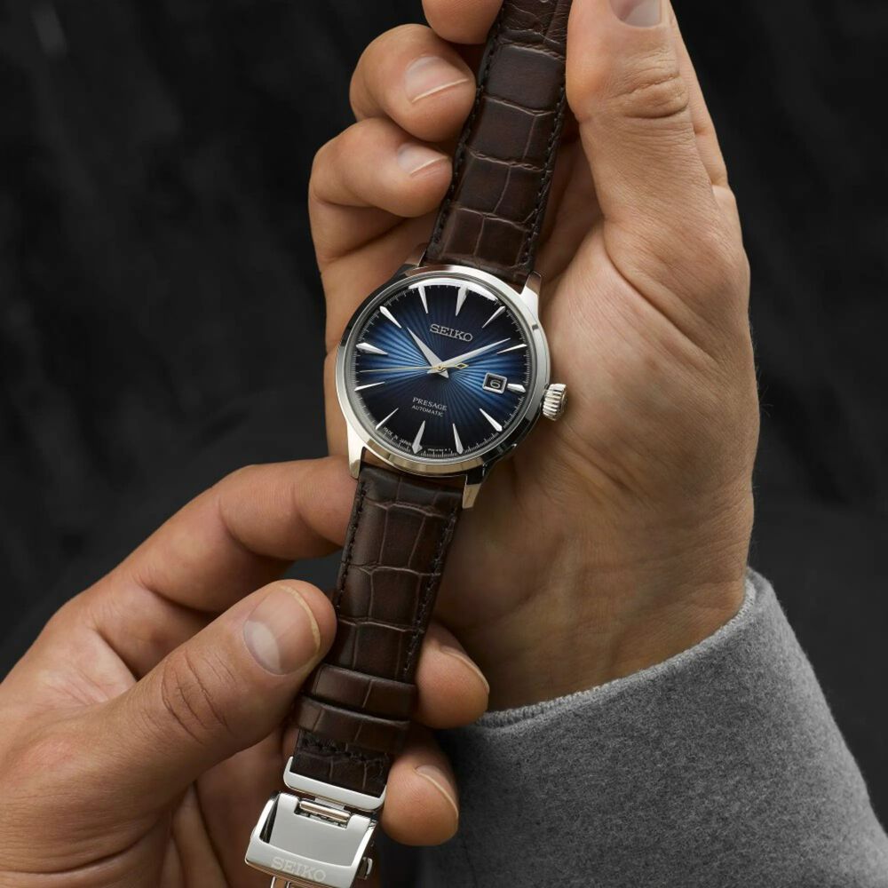 Seiko Presage Cocktail Time 40.5mm Blue Dial Brown Leather Strap Watch image number 2