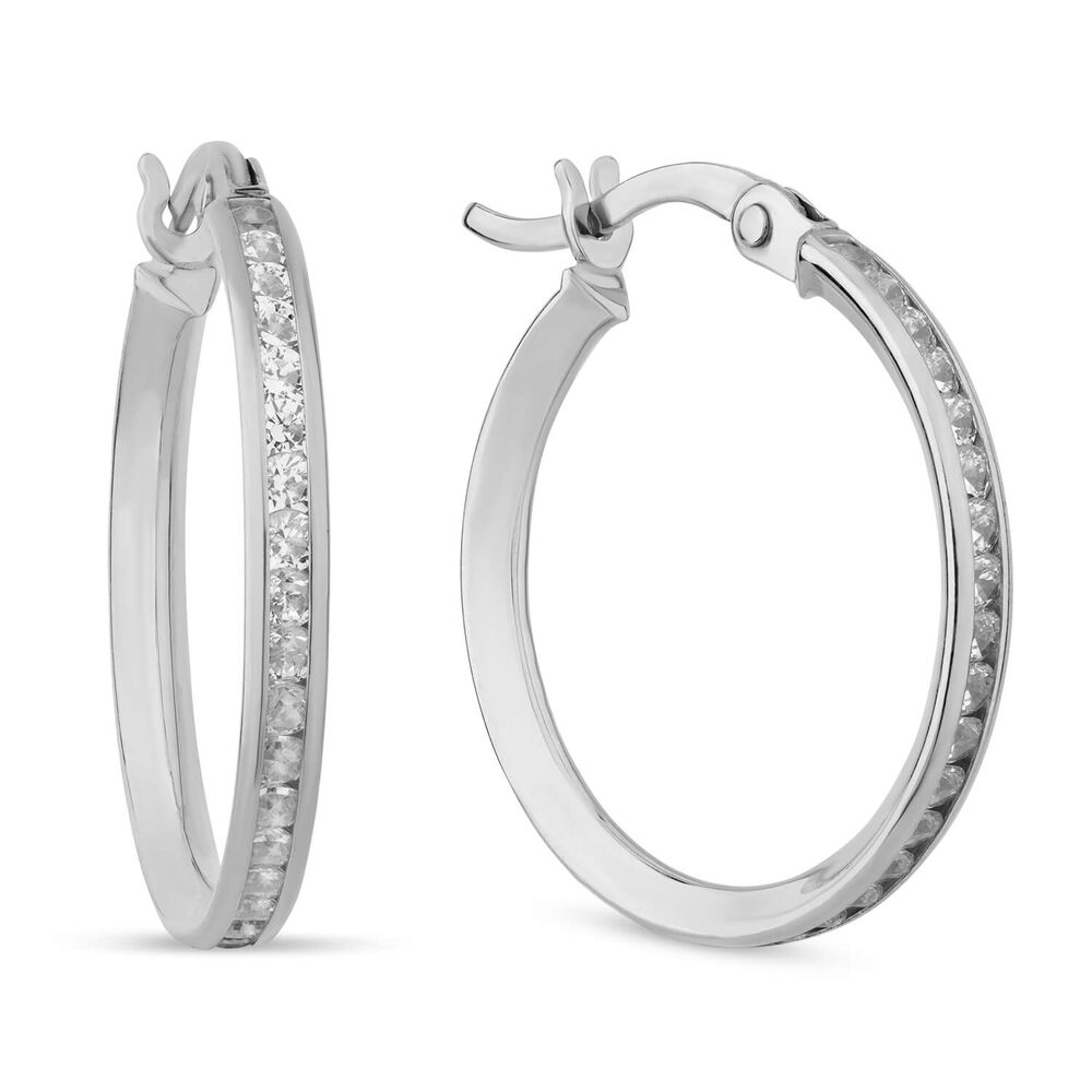 9CT White Gold Cubic Zirconia Hoop Earrings image number 1