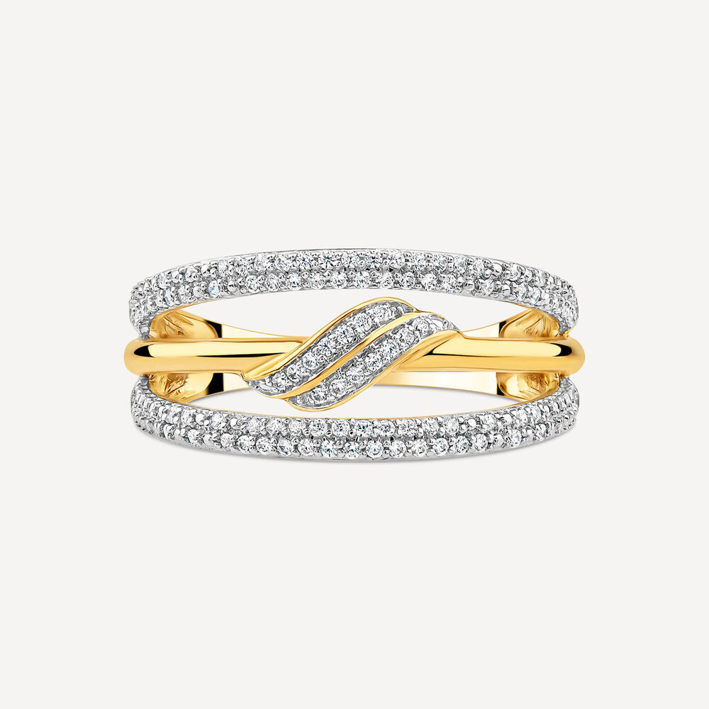 9ct Yellow & White Gold Three Strands Pave 0.25ct Diamond Polished Band Ring image number 1