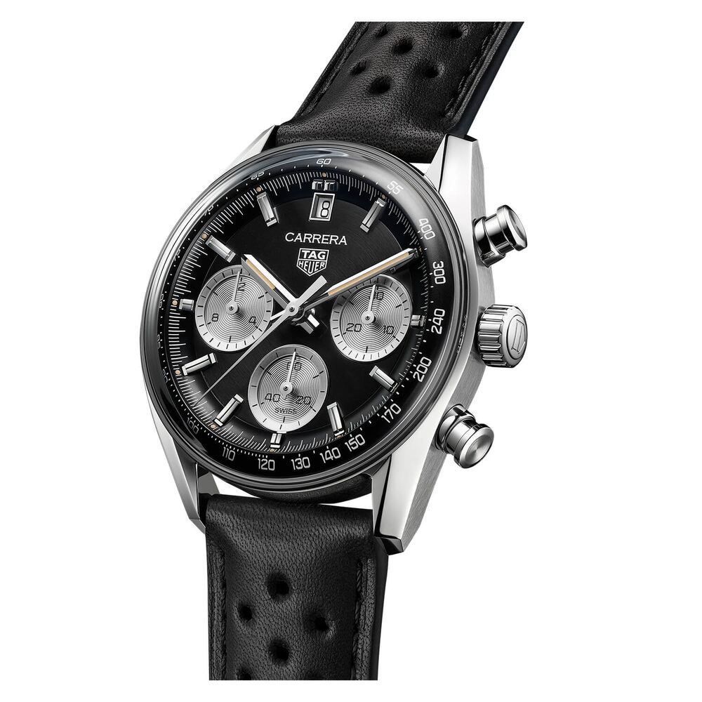 TAG Heuer Carrera Chronograph 39mm Black Dial Leather Strap Watch image number 4