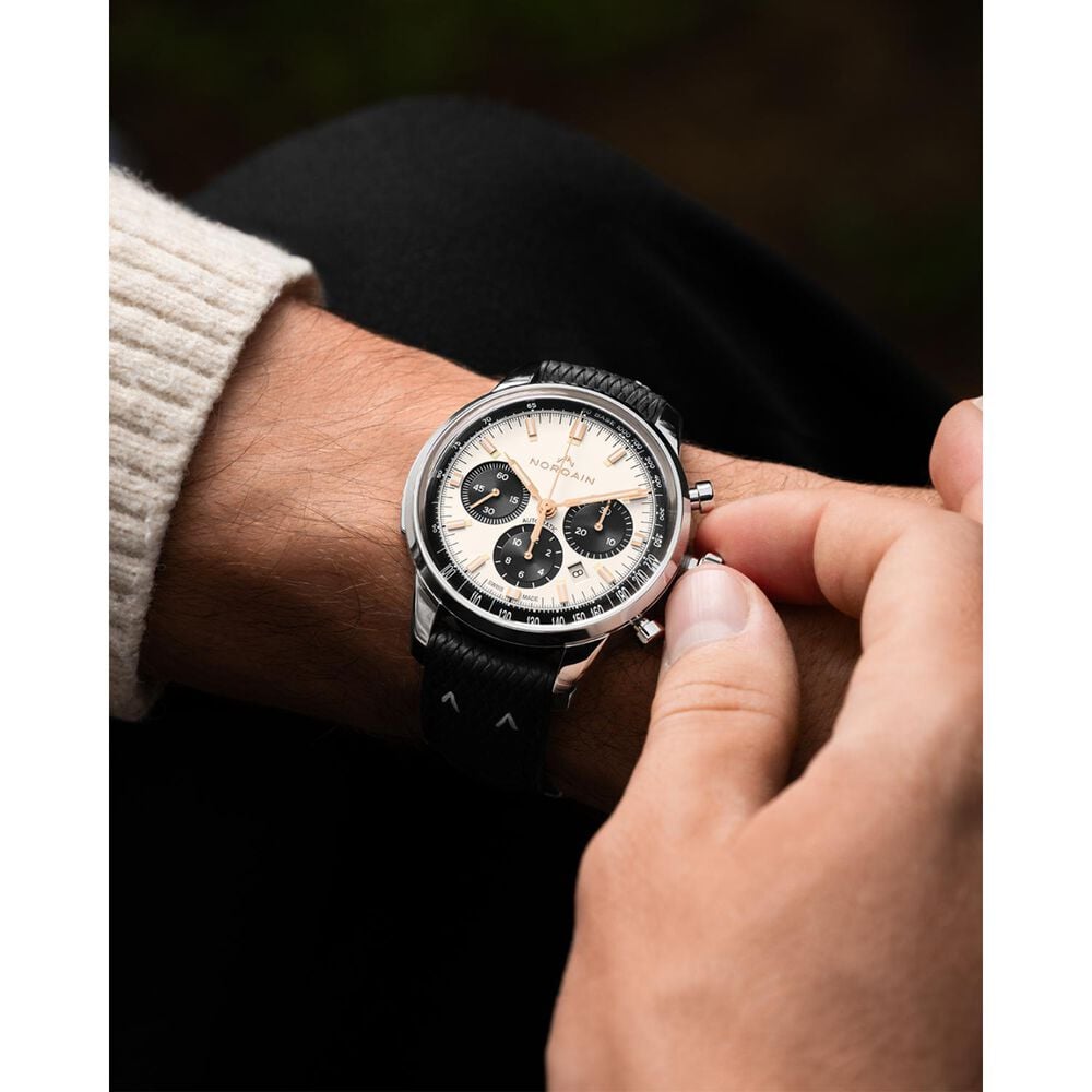 NORQAIN Freedom 60 Chrono Limited Edition 43mm Ivory Dial Black Perlon Rubber Strap Watch